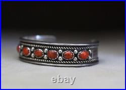 Vintage Native American Navajo Coral Sterling Silver Cuff Bracelet