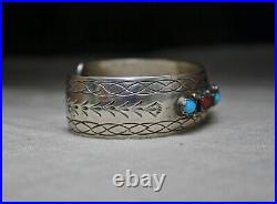 Vintage Native American Navajo Coral Turquoise Sterling Silver Cuff Bracelet