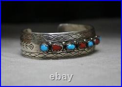 Vintage Native American Navajo Coral Turquoise Sterling Silver Cuff Bracelet