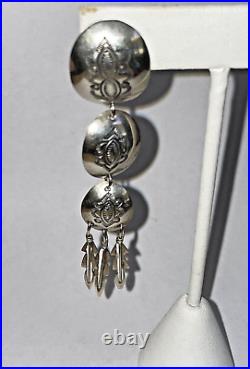 Vintage Native American Navajo Earrings Sterling Silver Triple Dangle Conchos