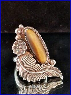 Vintage Native American, Navajo Elongated Tiger Eye Sterling Ring -Size 8.5