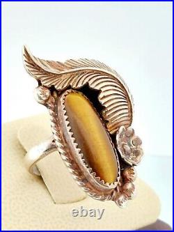 Vintage Native American, Navajo Elongated Tiger Eye Sterling Ring -Size 8.5