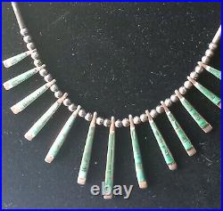 Vintage Native American Navajo Graduating Malachite Inlay Sterling Necklace