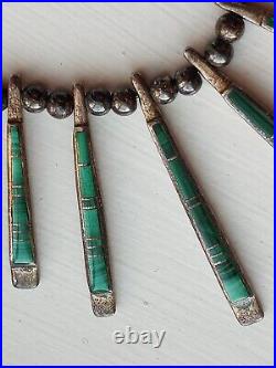 Vintage Native American Navajo Graduating Malachite Inlay Sterling Necklace