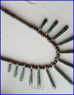 Vintage Native American Navajo Graduating Malachite Inlay Sterling Necklace