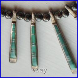 Vintage Native American Navajo Graduating Malachite Inlay Sterling Necklace