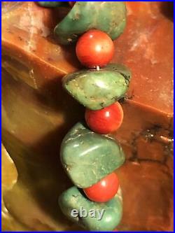 Vintage Native American Navajo Green Royston Turquoise and Coral 20 Necklace