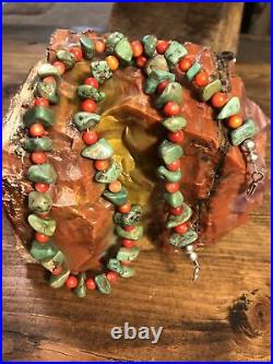 Vintage Native American Navajo Green Royston Turquoise and Coral 20 Necklace