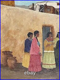 Vintage Native American Navajo Indian Southwest Figurative Pueblo Oil Painting