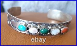 Vintage Native American Navajo J BAHE Sterling Silver & Stone Cuff Bracelet