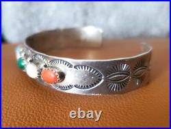 Vintage Native American Navajo J BAHE Sterling Silver & Stone Cuff Bracelet