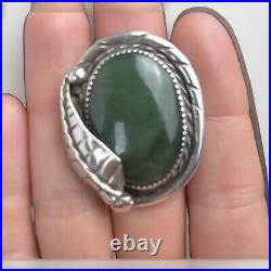Vintage Native American Navajo Jade Ring Sz 7 Silver Leaf Detail