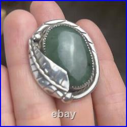Vintage Native American Navajo Jade Ring Sz 7 Silver Leaf Detail