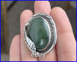 Vintage Native American Navajo Jade Ring Sz 7 Silver Leaf Detail