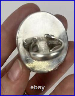 Vintage Native American Navajo Jade Ring Sz 7 Silver Leaf Detail