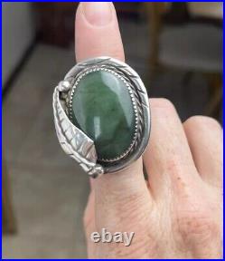 Vintage Native American Navajo Jade Ring Sz 7 Silver Leaf Detail