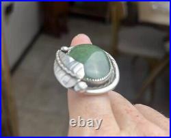 Vintage Native American Navajo Jade Ring Sz 7 Silver Leaf Detail