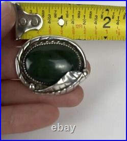 Vintage Native American Navajo Jade Ring Sz 7 Silver Leaf Detail