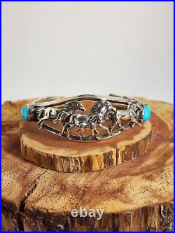 Vintage Native American Navajo Jewelry Turquoise Horse Silver Cuff Bracelet