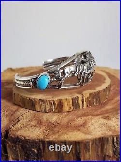 Vintage Native American Navajo Jewelry Turquoise Horse Silver Cuff Bracelet