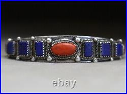 Vintage Native American Navajo Lapis Coral Sterling Silver Cuff Bracelet