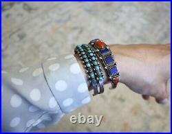 Vintage Native American Navajo Lapis Coral Sterling Silver Cuff Bracelet