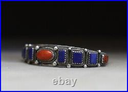 Vintage Native American Navajo Lapis Coral Sterling Silver Cuff Bracelet