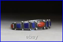 Vintage Native American Navajo Lapis Coral Sterling Silver Cuff Bracelet