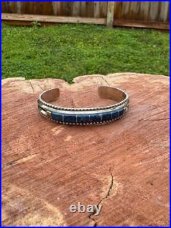 Vintage Native American Navajo Lapis Lazuli Inlay Sterling Silver Cuff Bracelet