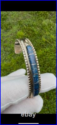 Vintage Native American Navajo Lapis Lazuli Inlay Sterling Silver Cuff Bracelet