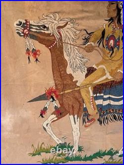 Vintage Native American Navajo Motif Serigraph / Silkscreen Velvet Painting 70's