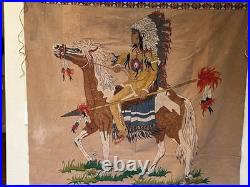 Vintage Native American Navajo Motif Serigraph / Silkscreen Velvet Painting 70's