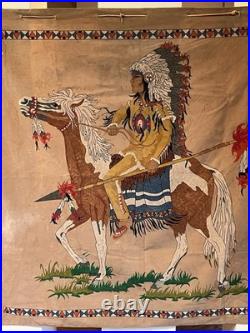 Vintage Native American Navajo Motif Serigraph / Silkscreen Velvet Painting 70's