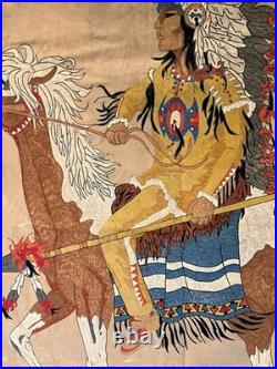 Vintage Native American Navajo Motif Serigraph / Silkscreen Velvet Painting 70's
