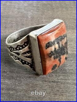 Vintage Native American Navajo Petrified Wood & Stamped Silver Ring Sz 10.5