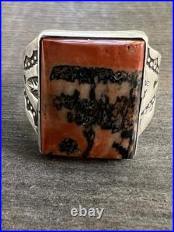 Vintage Native American Navajo Petrified Wood & Stamped Silver Ring Sz 10.5