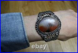 Vintage Native American Navajo Petrified Wood Sterling Silver Cuff Bracelet