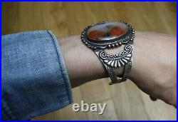 Vintage Native American Navajo Petrified Wood Sterling Silver Cuff Bracelet