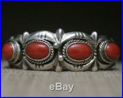 Vintage Native American Navajo Sandcast Coral Sterling Silver Cuff Bracelet