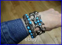 Vintage Native American Navajo Sandcast Sterling Silver Turquoise Cuff Bracelet