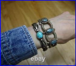 Vintage Native American Navajo Sandcast Sterling Silver Turquoise Cuff Bracelet