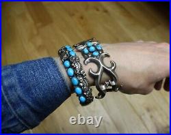 Vintage Native American Navajo Sandcast Sterling Silver Turquoise Cuff Bracelet