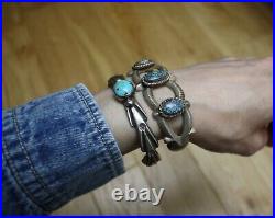 Vintage Native American Navajo Sandcast Sterling Silver Turquoise Cuff Bracelet