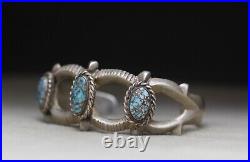 Vintage Native American Navajo Sandcast Sterling Silver Turquoise Cuff Bracelet