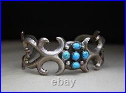 Vintage Native American Navajo Sandcast Sterling Silver Turquoise Cuff Bracelet