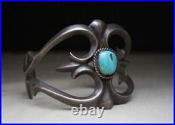 Vintage Native American Navajo Sandcast Sterling Silver Turquoise Cuff Bracelet