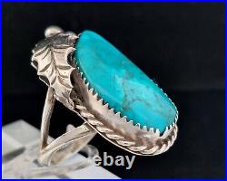 Vintage Native American, Navajo Signed D Turquoise Sterling Leaf Ring -Size 6.75