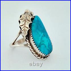 Vintage Native American, Navajo Signed D Turquoise Sterling Leaf Ring -Size 6.75