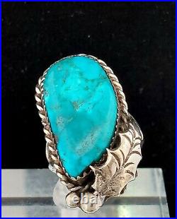 Vintage Native American, Navajo Signed D Turquoise Sterling Leaf Ring -Size 6.75