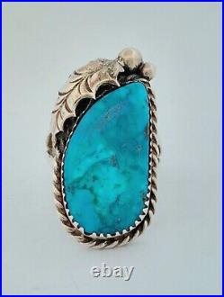 Vintage Native American, Navajo Signed D Turquoise Sterling Leaf Ring -Size 6.75
